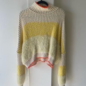Free People Yellow and Cream Cowl Neck Sweater